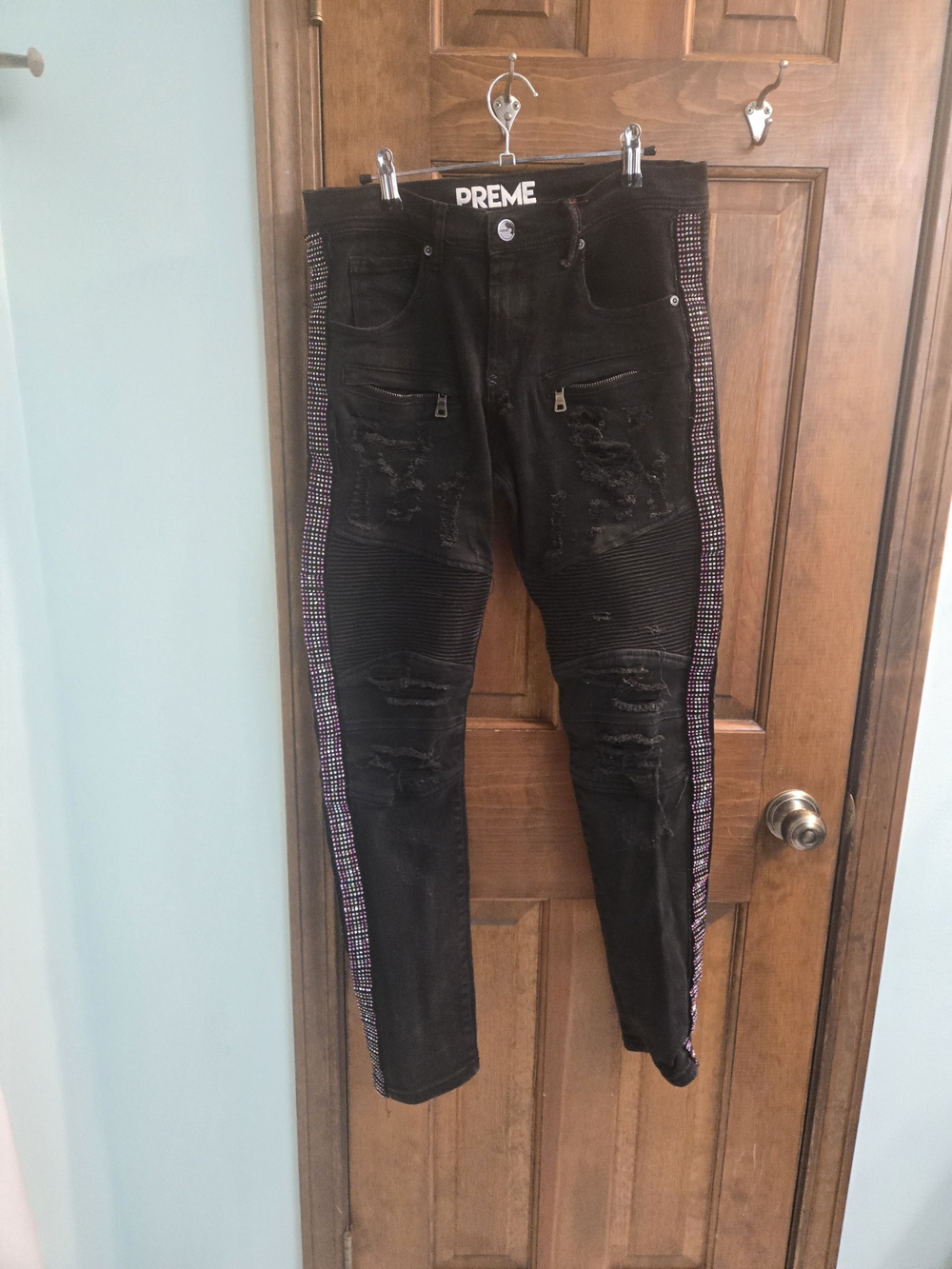 Prime Jeans Black Skinny Jeans with Pink Rhinestone Side Stripes